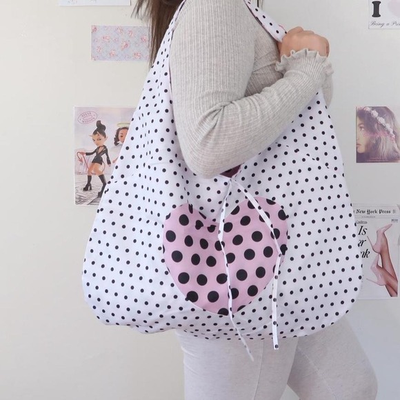 Polka Dot Tote Bag With Pink Heart Detail - Picture 4 of 6